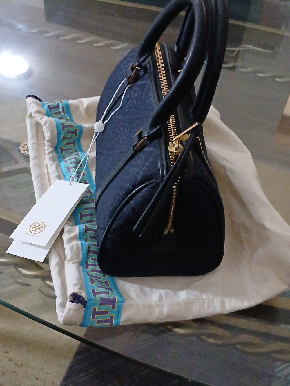 NWT- Tory Burch Navy Mini T Monogram Barrel Bag. Comes With Dust.